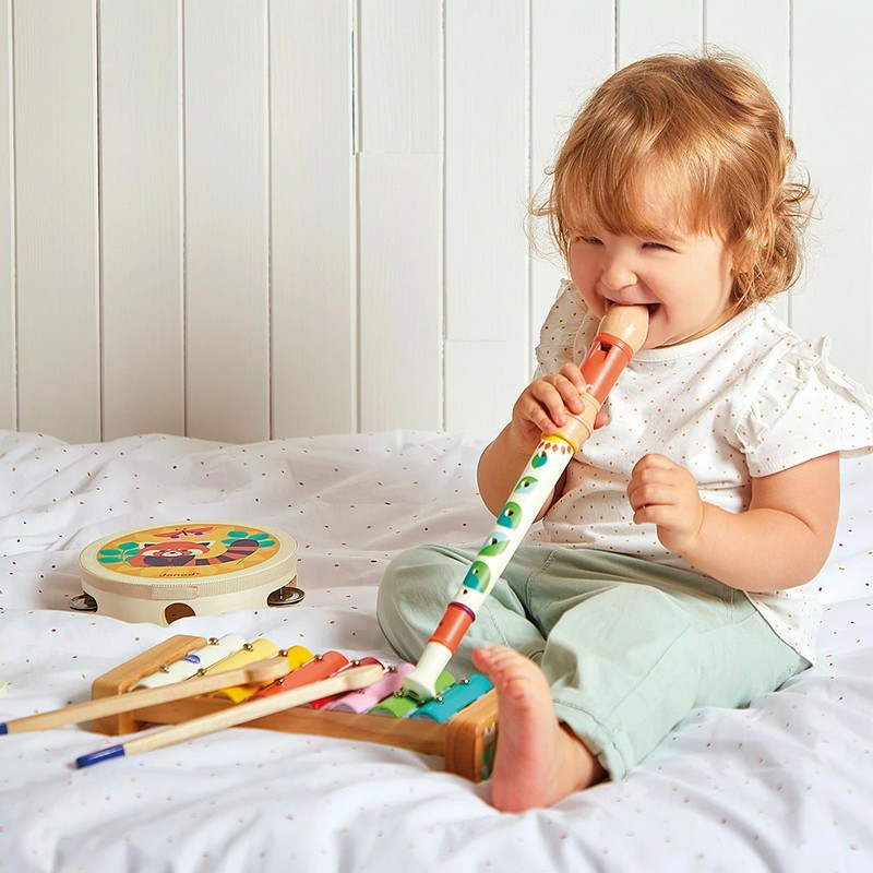 Set musicale per bambini contenente xilofono, tamburello, flauto e nacchere, tutto realizzato in legno - il regalo perfetto per gli aspiranti musicisti!